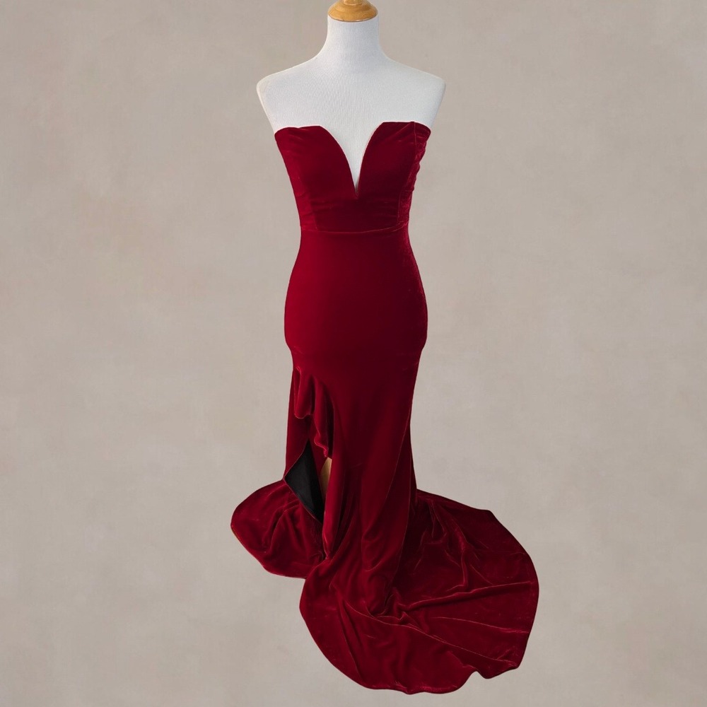 Symphony Red Velvet Dress Bridesmaid Formal Gown S Strapless Plunge Ruffle Train
